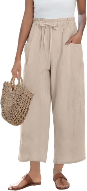 Miyaomn Wide Leg Linen Pants for Women Drawstring Summer Palazzo Flowy Pants Casual Loose High Waisted Trousers with Pockets