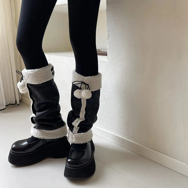 Punk Thickened Lambs Wool Suede Leg Warmers  Y2K Winter Knee Warmers with Plush Fur Ball Detail