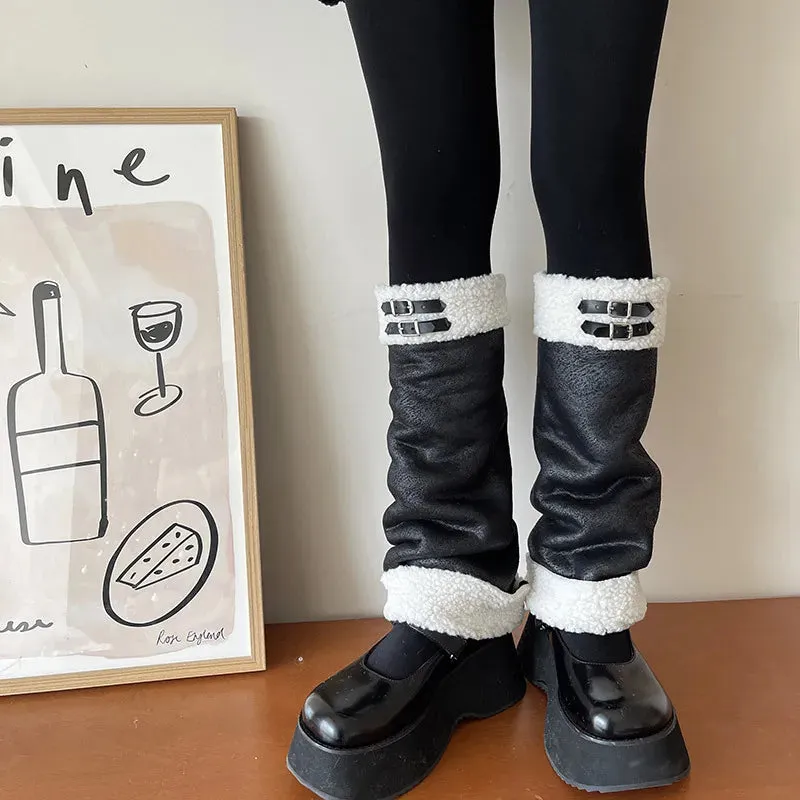 Punk Thickened Lambs Wool Suede Leg Warmers  Y2K Winter Knee Warmers with Plush Fur Ball Detail