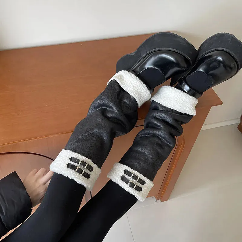 Punk Thickened Lambs Wool Suede Leg Warmers  Y2K Winter Knee Warmers with Plush Fur Ball Detail