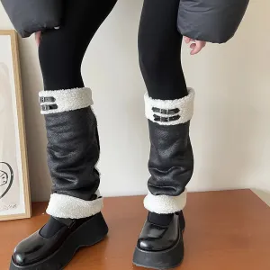 Punk Thickened Lambs Wool Suede Leg Warmers  Y2K Winter Knee Warmers with Plush Fur Ball Detail