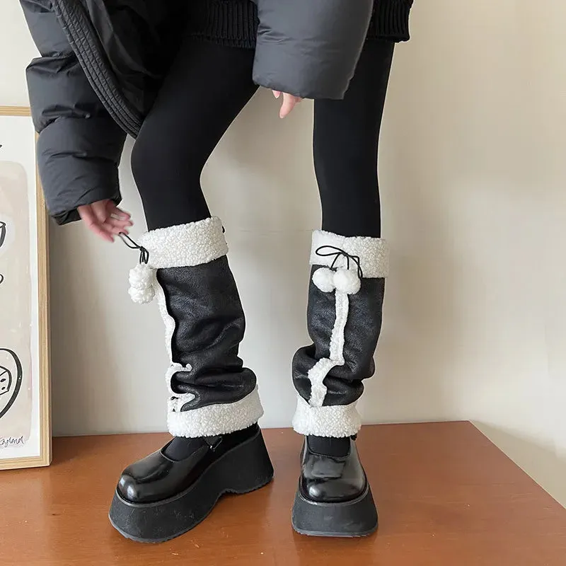 Punk Thickened Lambs Wool Suede Leg Warmers  Y2K Winter Knee Warmers with Plush Fur Ball Detail