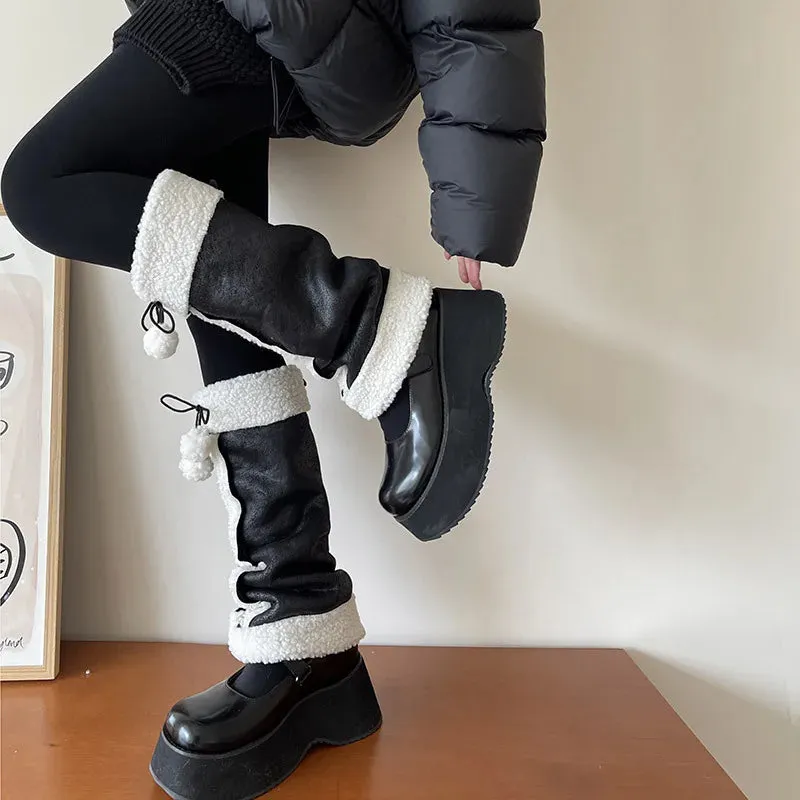 Punk Thickened Lambs Wool Suede Leg Warmers  Y2K Winter Knee Warmers with Plush Fur Ball Detail