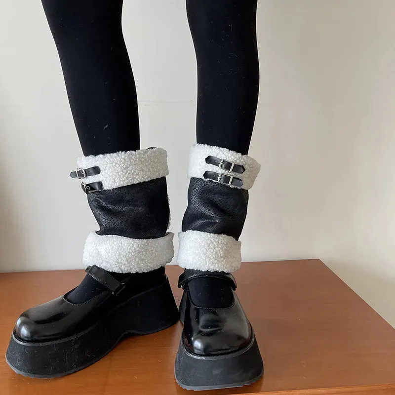 Punk Thickened Lambs Wool Suede Leg Warmers  Y2K Winter Knee Warmers with Plush Fur Ball Detail