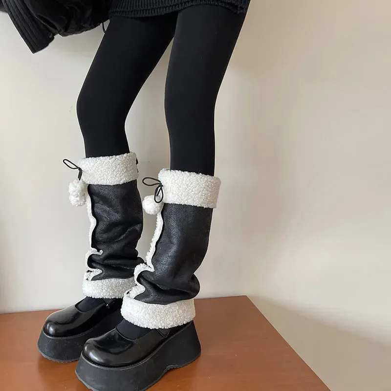 Punk Thickened Lambs Wool Suede Leg Warmers  Y2K Winter Knee Warmers with Plush Fur Ball Detail