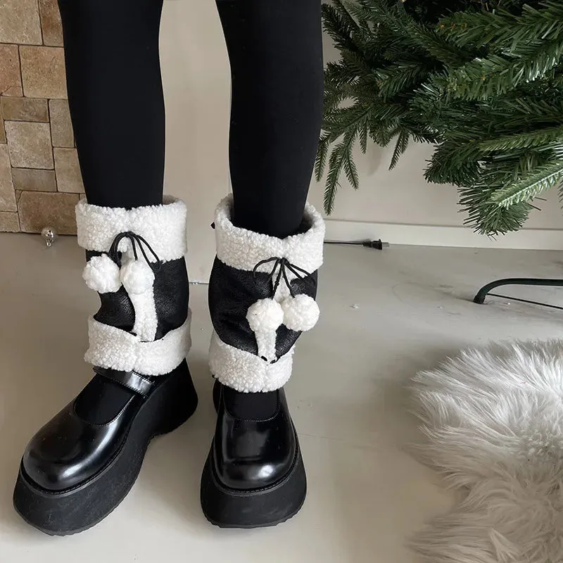 Punk Thickened Lambs Wool Suede Leg Warmers  Y2K Winter Knee Warmers with Plush Fur Ball Detail