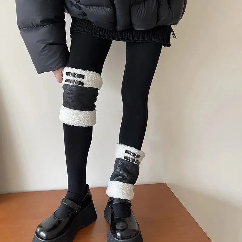 Punk Thickened Lambs Wool Suede Leg Warmers  Y2K Winter Knee Warmers with Plush Fur Ball Detail
