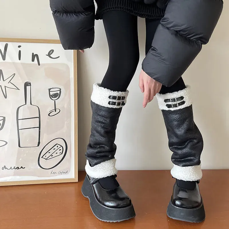 Punk Thickened Lambs Wool Suede Leg Warmers  Y2K Winter Knee Warmers with Plush Fur Ball Detail
