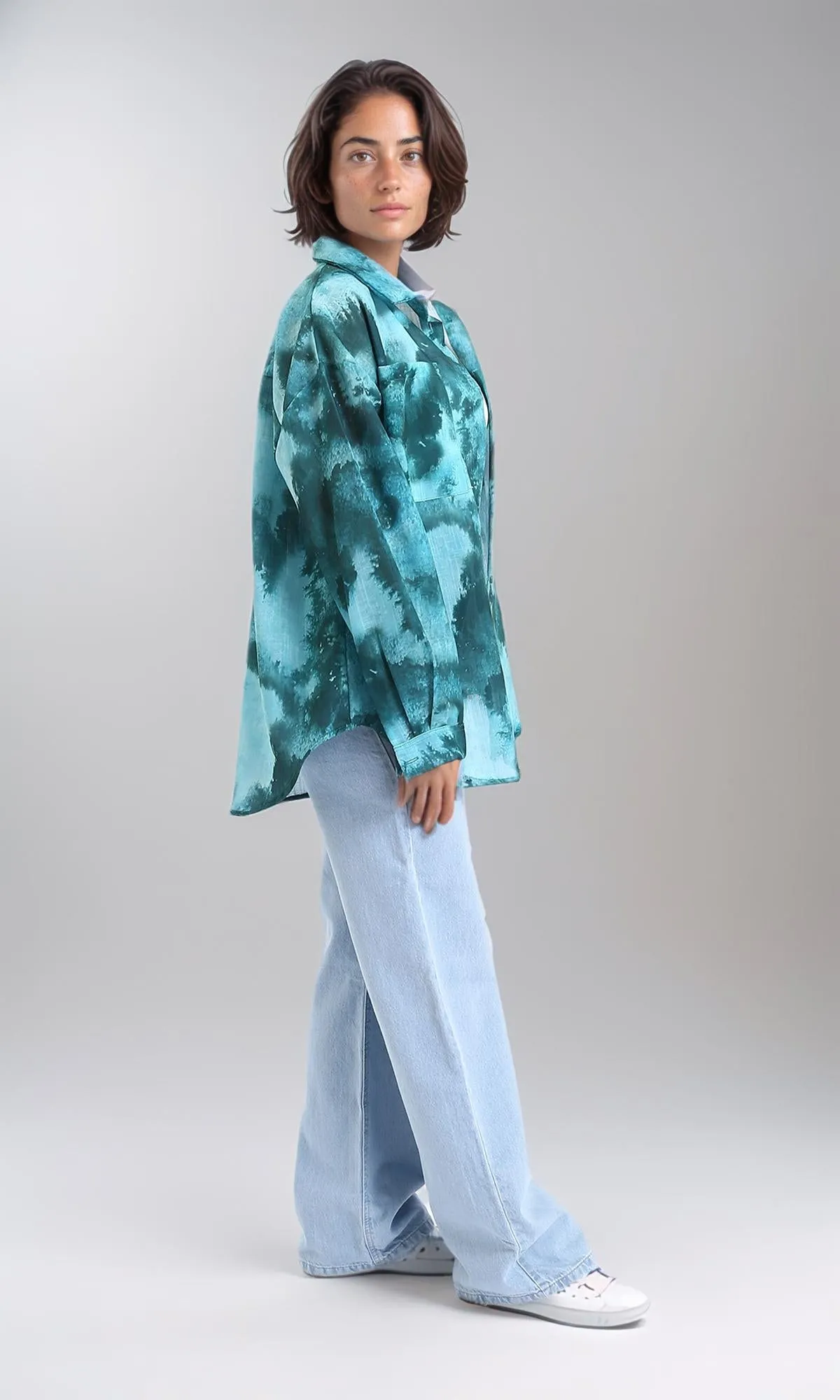 R204841-Long Sleeves Tie Dye Relaxed Shirt - Dark Green