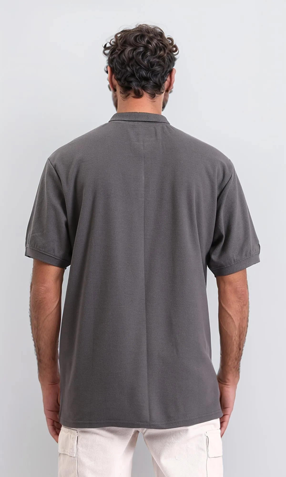 R206729-Cotton Elbow-Sleeves Polo Shirt - Dark Grey