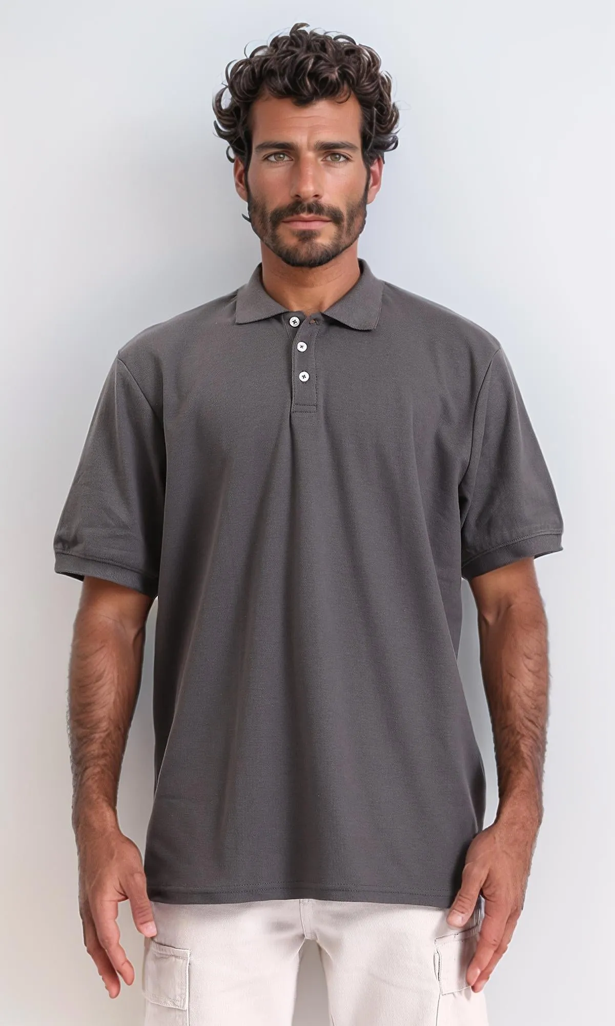 R206729-Cotton Elbow-Sleeves Polo Shirt - Dark Grey