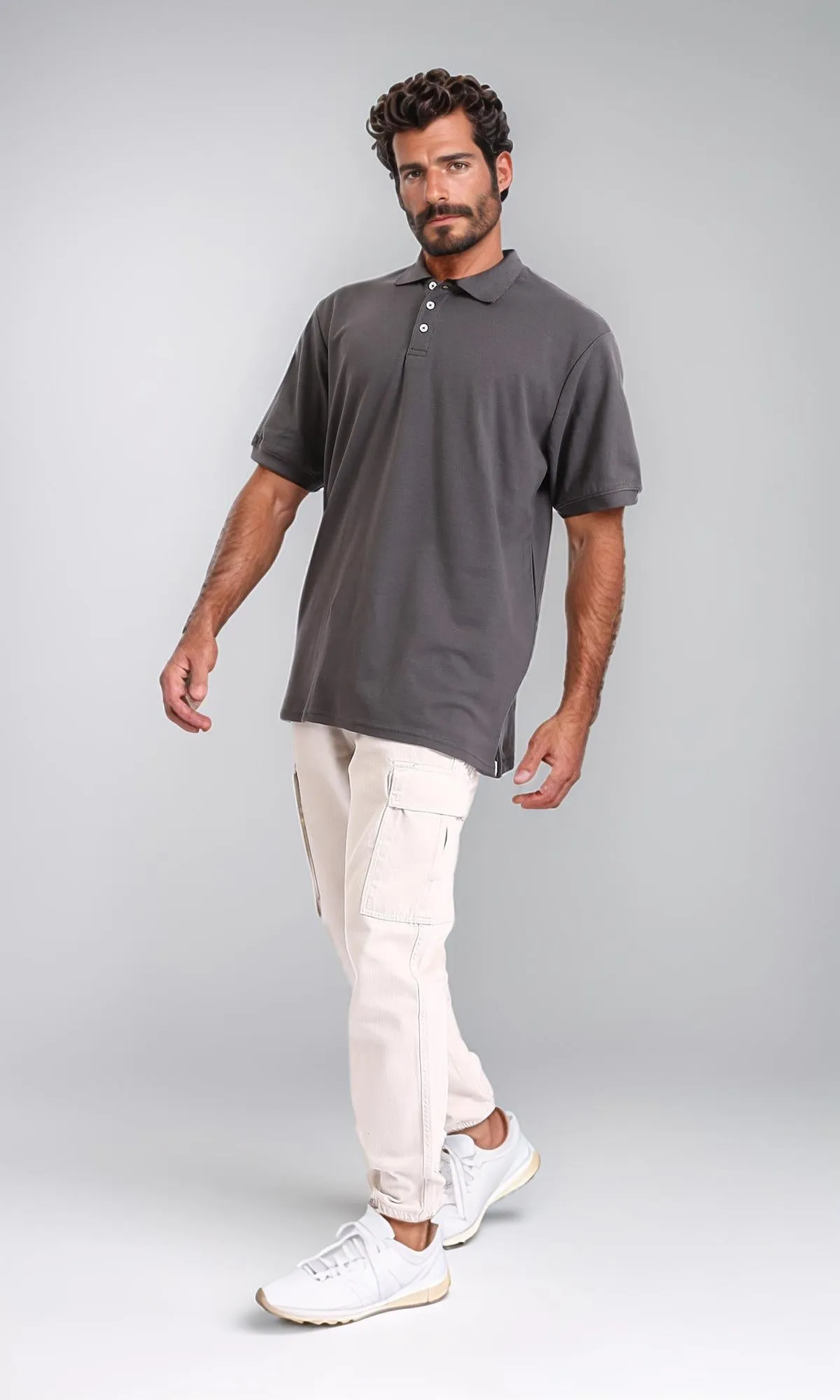 R206729-Cotton Elbow-Sleeves Polo Shirt - Dark Grey