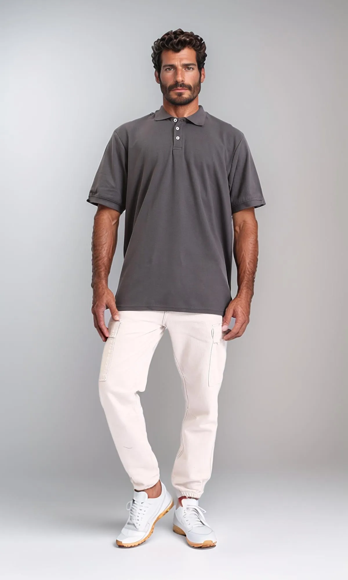 R206729-Cotton Elbow-Sleeves Polo Shirt - Dark Grey