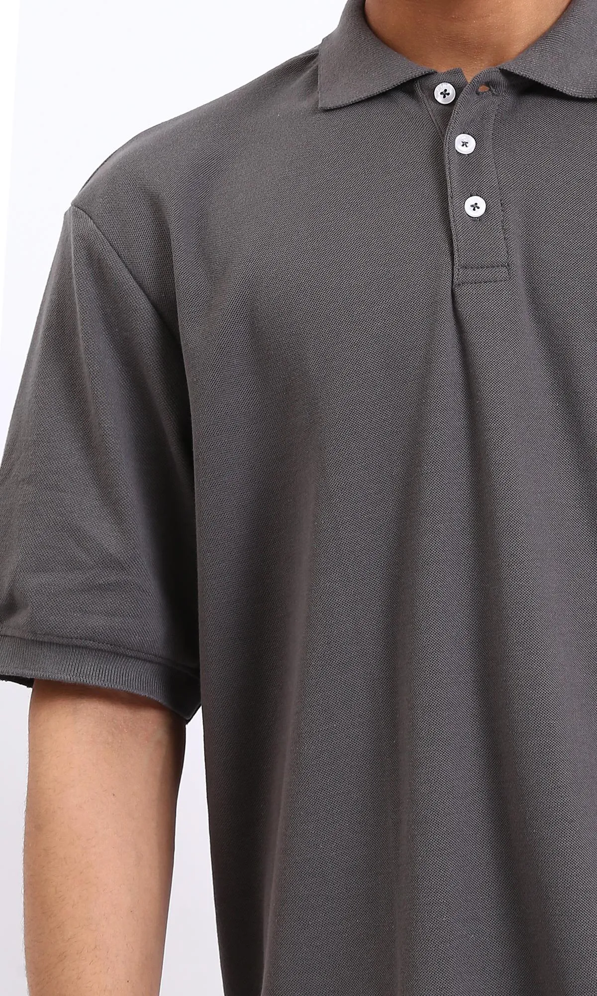R206729-Cotton Elbow-Sleeves Polo Shirt - Dark Grey