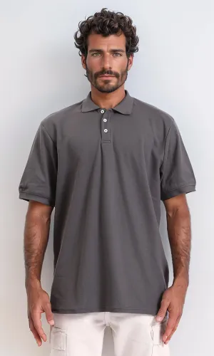 R206729-Cotton Elbow-Sleeves Polo Shirt - Dark Grey