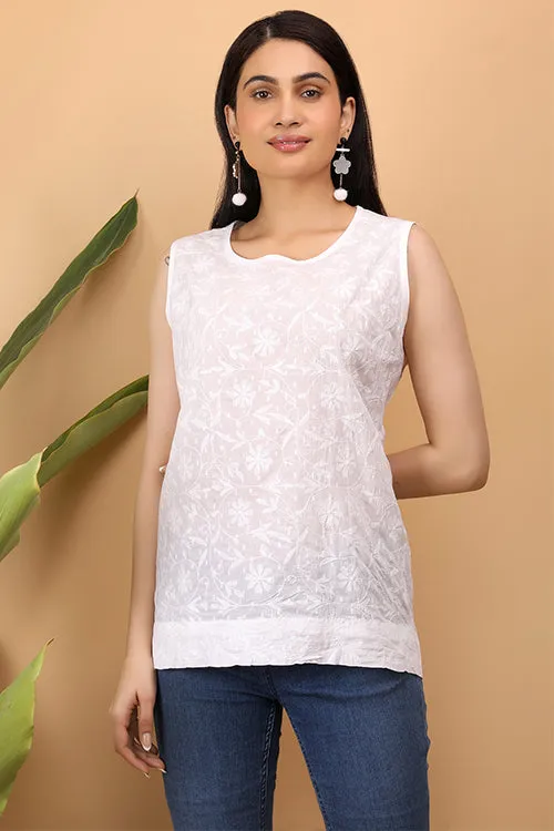 Shwet Women White Chikankari Sleevless Top - 280