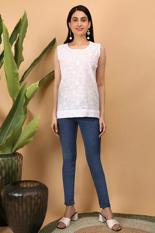 Shwet Women White Chikankari Sleevless Top - 280
