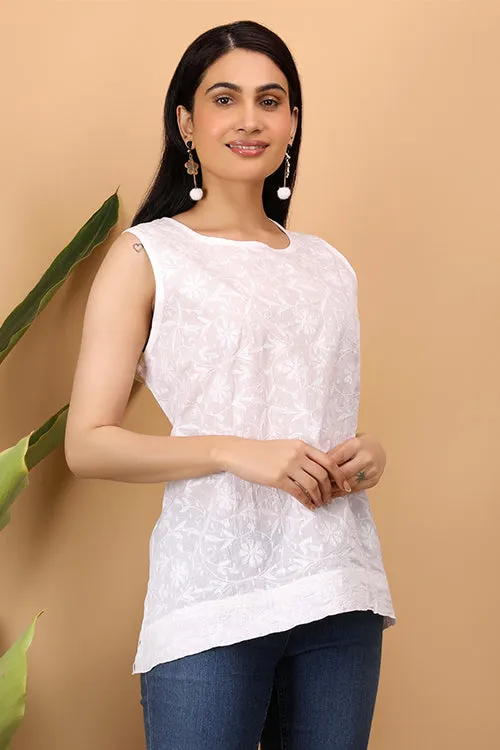 Shwet Women White Chikankari Sleevless Top - 280