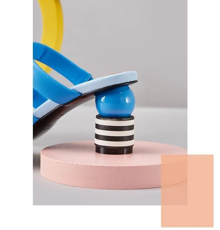 Tide Macarons color stripe round high-heeled slippers  - Sio