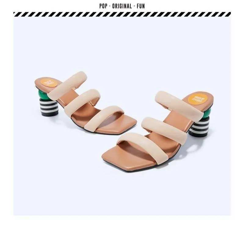 Tide Macarons color stripe round high-heeled slippers  - Sio