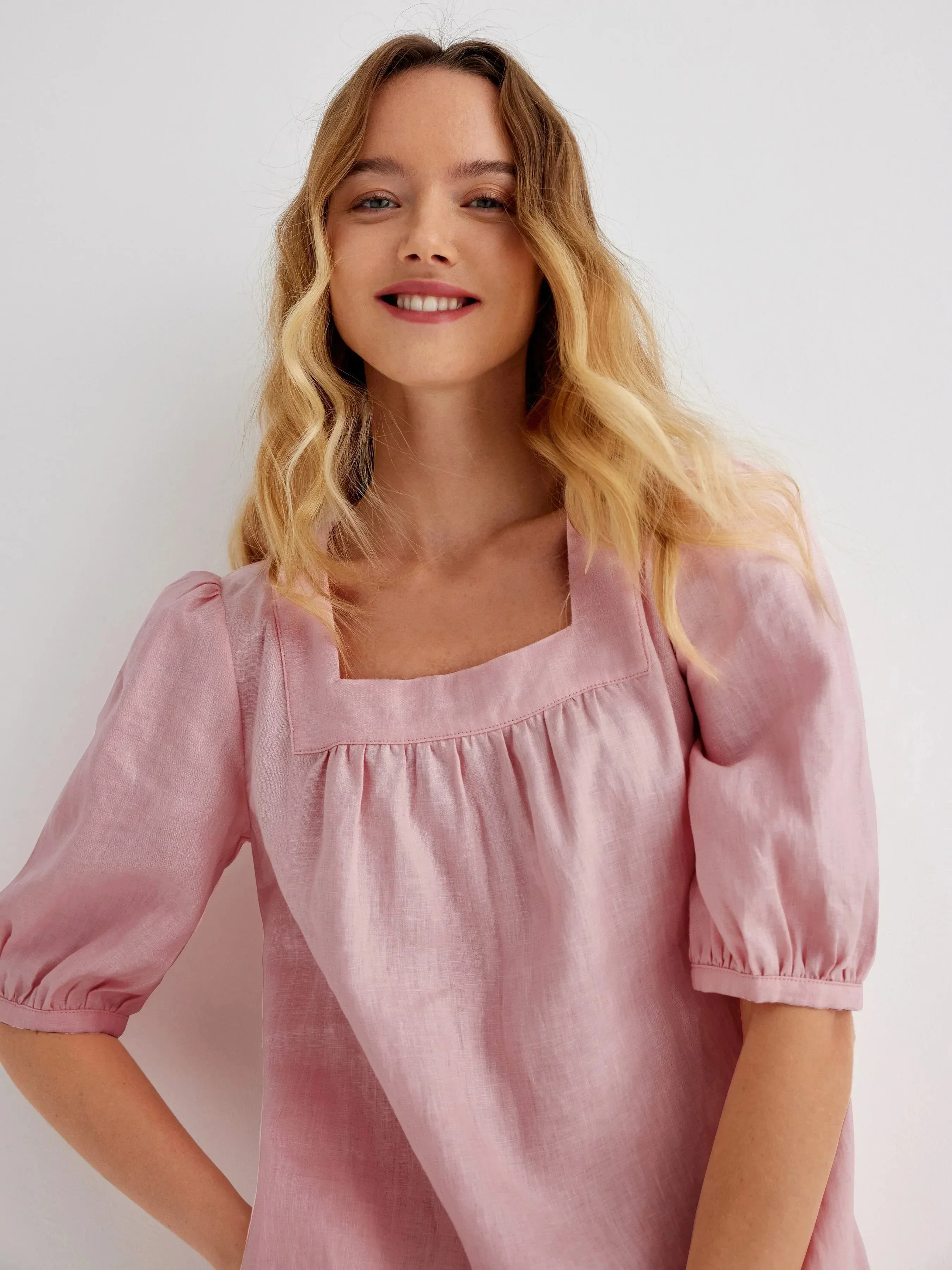 Tilly 100% Linen Square Neck Puff-Sleeve Shift Dress
