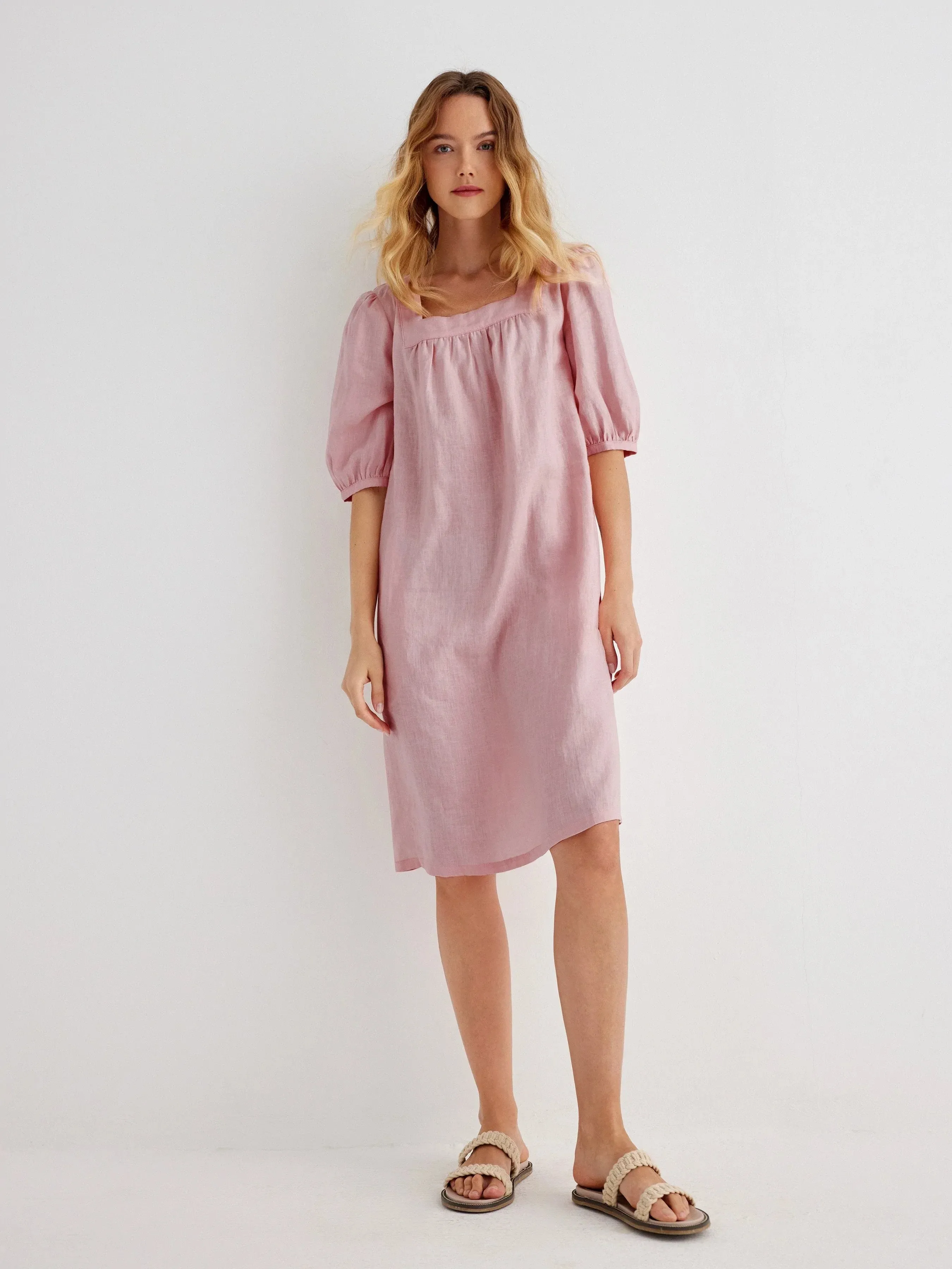 Tilly 100% Linen Square Neck Puff-Sleeve Shift Dress