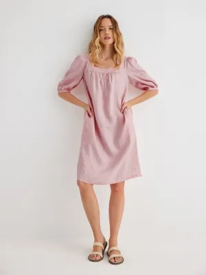 Tilly 100% Linen Square Neck Puff-Sleeve Shift Dress