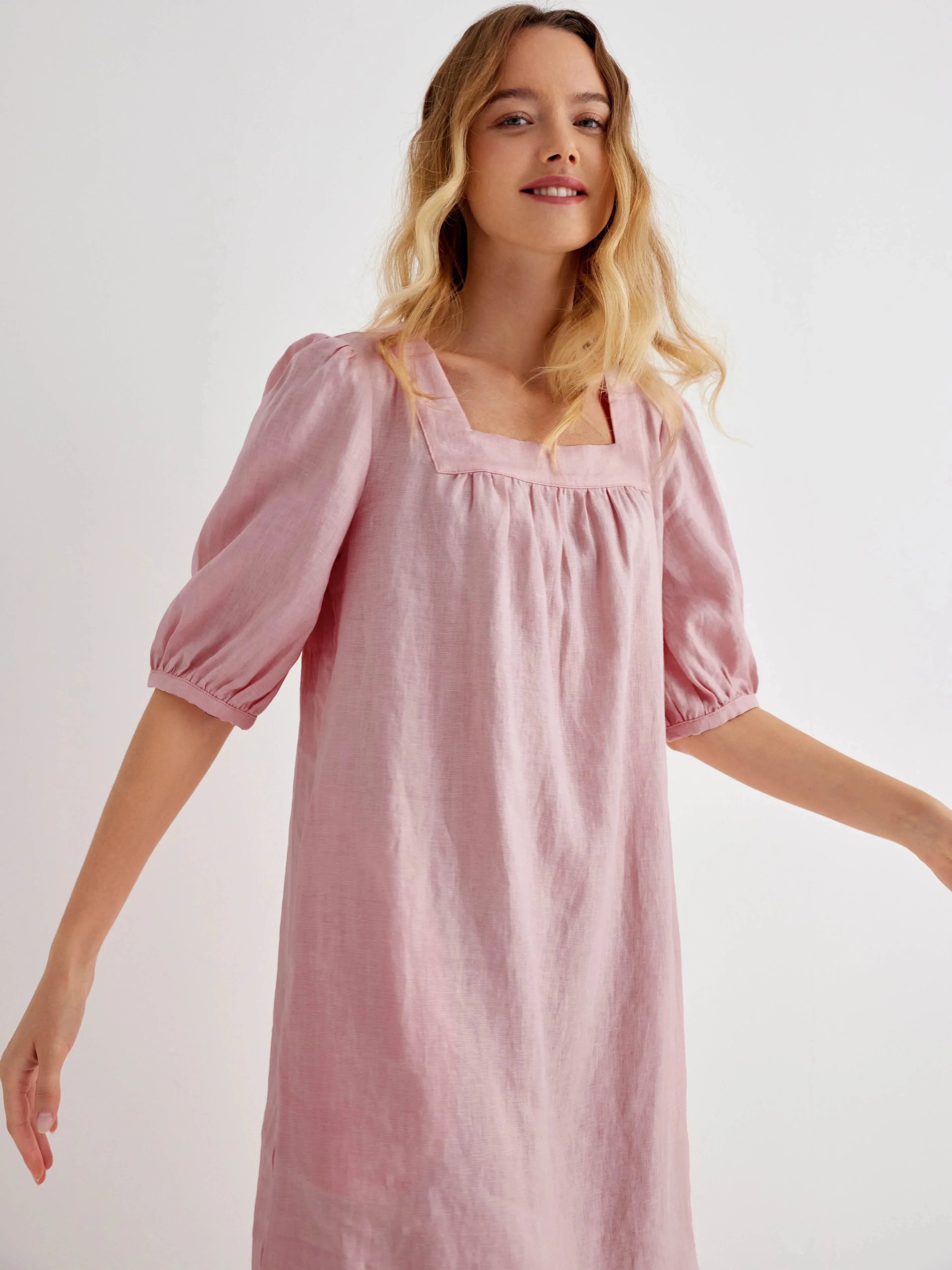 Tilly 100% Linen Square Neck Puff-Sleeve Shift Dress