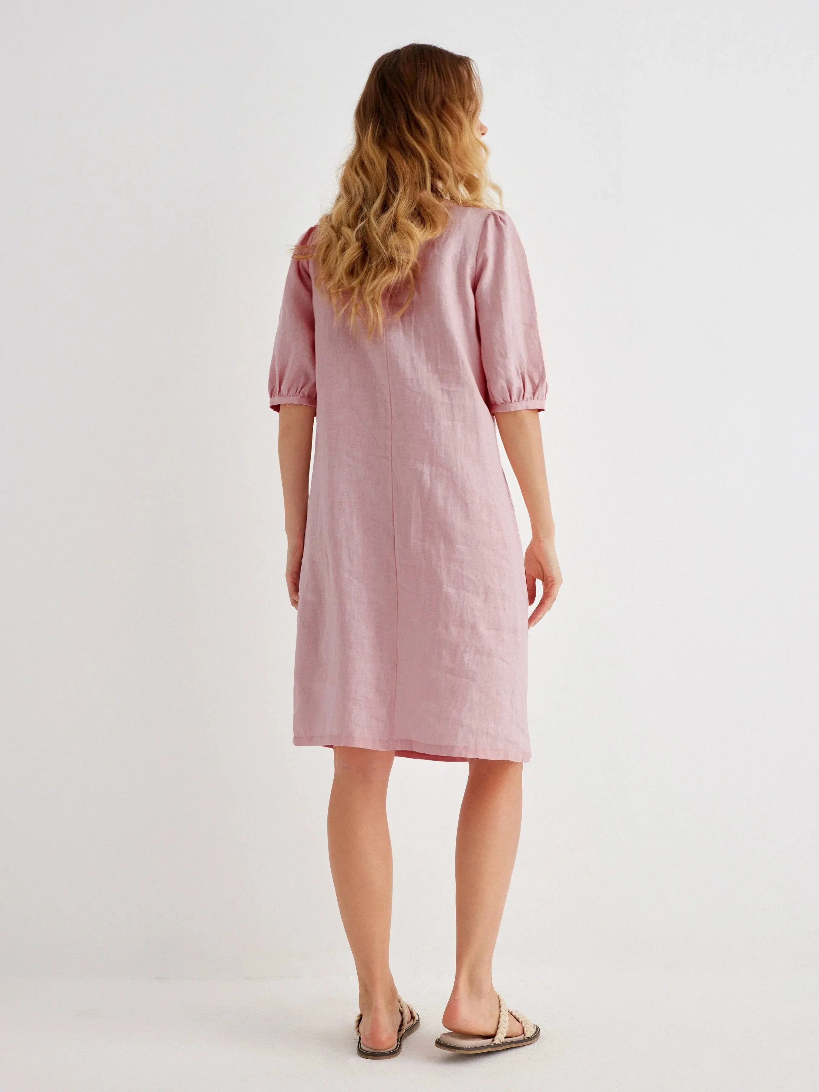 Tilly 100% Linen Square Neck Puff-Sleeve Shift Dress