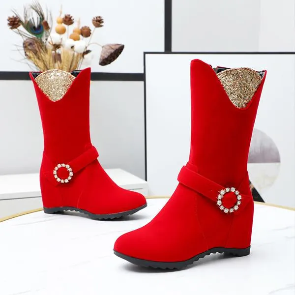 Women's Elegant Pearl Belt Buckle Wedge Booties 75827676S