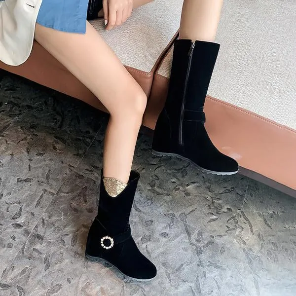 Women's Elegant Pearl Belt Buckle Wedge Booties 75827676S