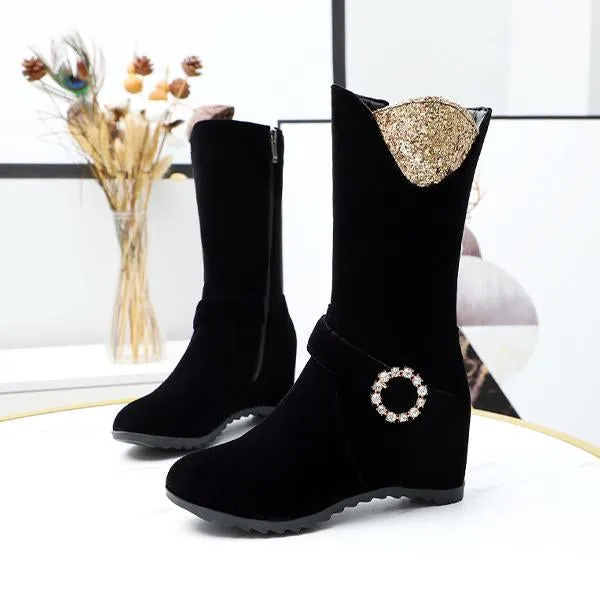 Women's Elegant Pearl Belt Buckle Wedge Booties 75827676S