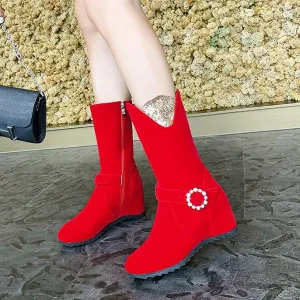 Women's Elegant Pearl Belt Buckle Wedge Booties 75827676S