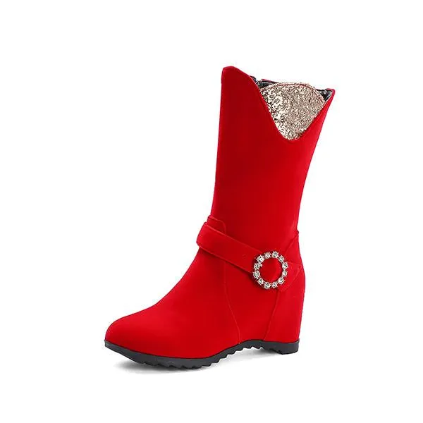 Women's Elegant Pearl Belt Buckle Wedge Booties 75827676S