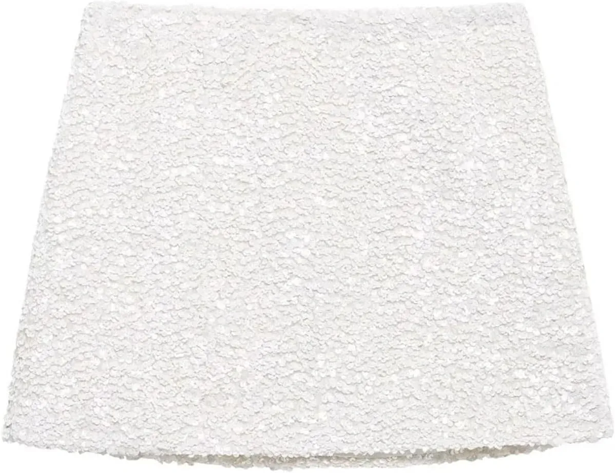 Women's White Sequin Mini Pencil Skirt Casual Party Slim Fit Zipper Skirt