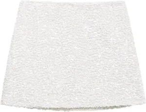 Women's White Sequin Mini Pencil Skirt Casual Party Slim Fit Zipper Skirt