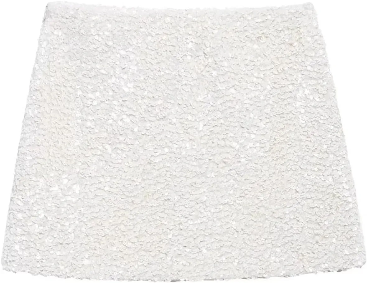 Women's White Sequin Mini Pencil Skirt Casual Party Slim Fit Zipper Skirt